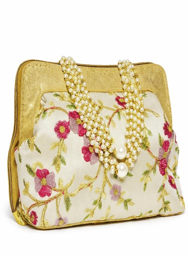 Epics Elegant Embroidered Floral Clutch for Women - Premium Pearl Handle Wedding Party Bag with Rich Multi-Color Threadwork, Golden Base & Zip Closure - Perfect for Bridal, Festive & Gifting Purposes - Image 1